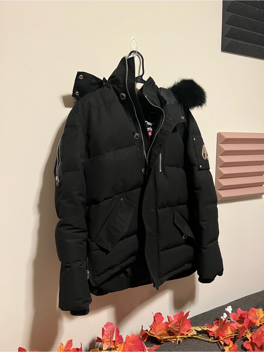 Moose Knuckles Black Men's Down Puffer with Fur-Trim Hood